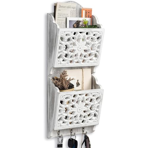 Key and Mail Holder for Wall Mail Holder for Wall, 2-Slot Mails Organizer with 3 Hooks, Key Hangers Rustic Wooden Walls Organizers for Letter Magazines - size: Small
