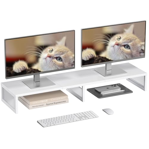 Dual Computer Monitor Stand Riser, Desk Organizers and Accessories, Printer & TV Stand, Desk Shelf, Office Desk Accessories & Desktop Workspace Organizer for Office Supplies, White - color: White