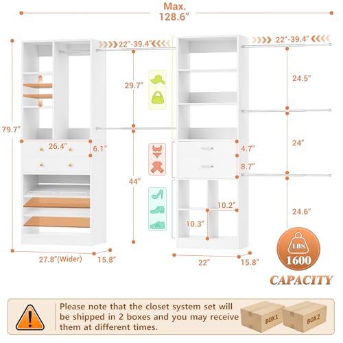 Besiost Closet System, Up to 128.6"/10.7 FT Closet Organizer with 4 Wooden Drawers and Shelves, Walk-in Closet System with 6 Hanging Rods, Built-in Closet Can Fit 96"/8FT, 120"/10FT, White - color: White, size: Style B: 72"—128.6"(W)