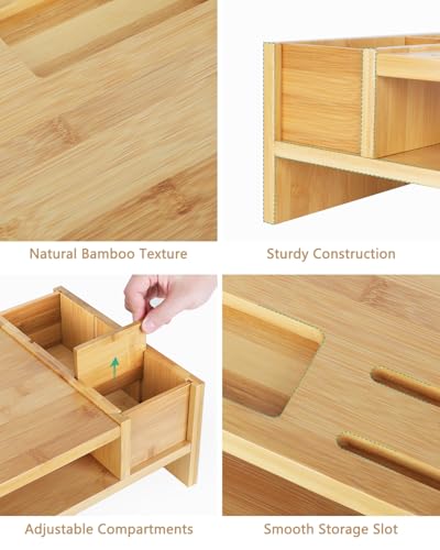 Ufine Bamboo Monitor Stand with Storage Compartments Ergonomic Computer Laptop Riser Small Space Organizer for Home Office