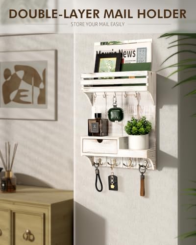 Rebee Vision Farmhouse Key Holder Wall Mount with Mini Drawer Organizer - Decorative Mail Organizer with 9 Key Hooks & Shelf - Ideal Apartment Essentials for Home Decor (Whitewash) - color: Whitewash, style: Small Drawer
