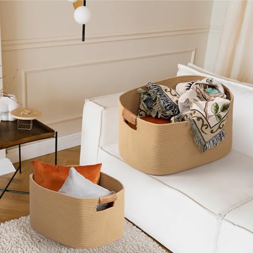 danpinera Large Blanket Basket for Living Room, 72 L Woven Cotton Rope Baskets for Kids Toy, Pillows, Towels, Cotton Organizing with leather handle, Storage Bin for Nursery, 22’’*17’’*11.8’’ Jute - color: Jute, size: 72L