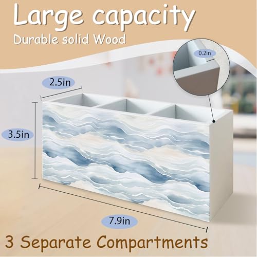 Ocean Waves Beach Pen Pencil Holder Organizer for Desk, Watercolor Coastal Beach Wooden Box Block Sign for Home Office Tabletop Decor - color: Wave
