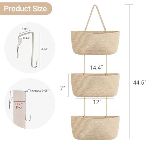 Dahey Over The Door Hanging Basket 3-Tier Woven Boho Wall Mounted Storage Organizer with Hooks for Bedroom Nursery Bathroom Apartments Dorm Pantry Decor, Jute - color: Jute, size: 3-Tier