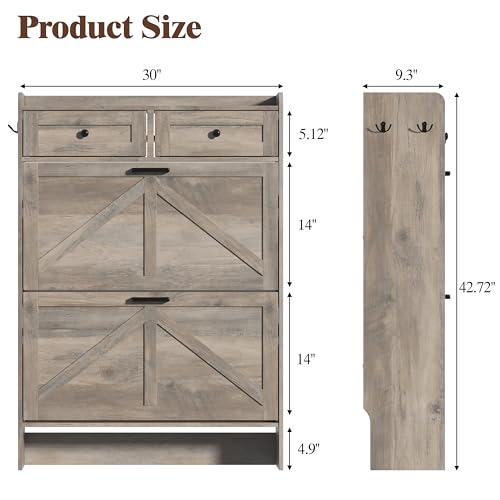 Thacuok Shoe Cabinet with 2 Flip Drawers & 2 Storage Drawers, Rustic Farmhouse Narrow Shoe Organizer Cabinet, Slim Shoe Rack Cabinet, Shoe Storage Cabinet for Entryway, Hallway - color: Grey, size: 2 Drawers
