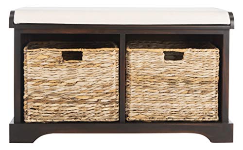 SAFAVIEH Home Collection – Freddy Brown Storage Bench with Wicker Baskets & Cushion, Entryway Seating Bench, Fully Assembled (AMH5736A) - color: Brown
