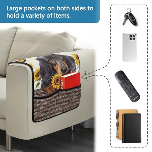 Dachshund Sunflower Butterfly Print Sofa Arm Slipcover Recliner Arm Covers with Organizer Pockets 44x20 inch Chair arm Cover Anti-Slip Furniture Protectors - color: Dachshund Sunflower Butterfly