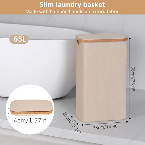 iEGrow 65L Slim Laundry Hamper, Narrow Laundry Basket with Lid,Foldable Clothes Hamper with Bamboo Handles,Hamper Basket with Removable Inner Bag for Laundry Room Bedroom College Dorm,Oatmeal - color: Oatmeal, size: 65L