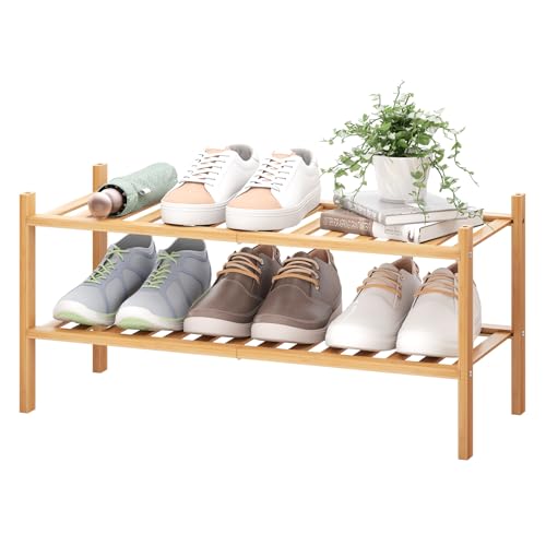 BMOSU 2-Tier Bamboo Shoe Rack Premium Stackable Shoe Shelf Storage Organizer for Hallway Closet Living Room Entryway Organizer (Natural Bamboo) - color: Natural Bamboo, size: 2-Tier（27*11*12.6inches）