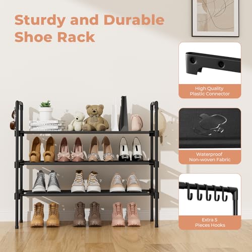 LANTEFUL 3 Tier Shoe Rack for Closet, Shoe Organizer with 5 Hooks, Long Shoe Shelf Storage for Sneaker and Boot Stackable Free Standing Shoe Rack for Entryway, Garage, Small Spaces, Dorm - color: Black, size: 27.8"W - 3 Tier