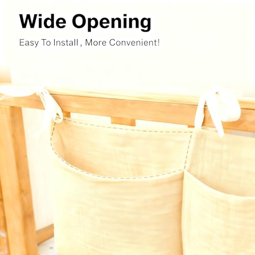Muslin Cotton Baby Bedside Hanging Storage Bag, 2-Pocket Crib Diaper Caddy Organizer, Nursery Organization Holder for Cribs, Playard, Changing Table or Wall, Milk Bottle Bib Organizing Oatmeal