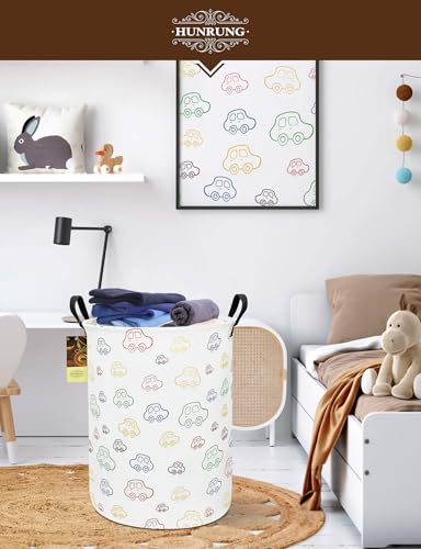 Collapsible Fabric Storage Basket, Waterproof Laundry Hamper with Handles, Round Storage Bin for Clothes Toys, Foldable Organizer for Bedroom Nursery Bathroom(Round-Colorful Car) - color: Round-Colorful Car