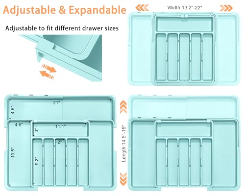 Silverware Organizer Expandable Kitchen Utensil Drawer Organizer Large BPA Free Adjustable Cutlery Silverware Tray for Spoons Forks Knives Storage Divider for Kitchen Flatware 6-9 Slots Turquoise - color: Turquoise