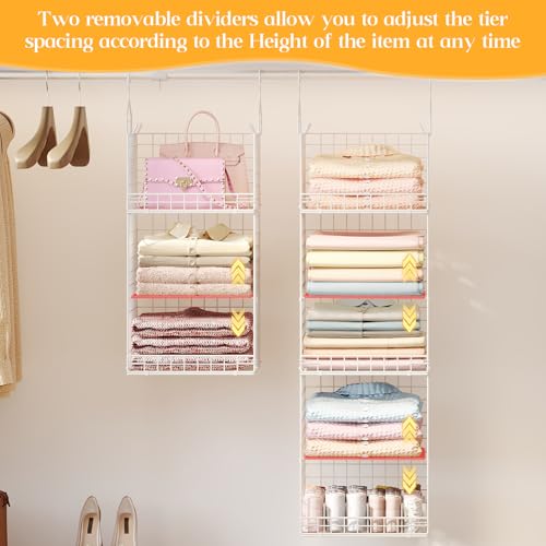 Yuyetuyo ﻿5 Tier Hanging Closet Organizer Separable Hanging Closet Shelves with 4 Hooks 2 Adjustable Dividers, Wire Storage Basket Bins for Clothing Sweaters Socks Dolls Handbags, Foldable - color: White, size: 5-Tier