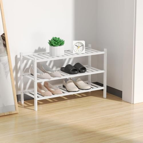 RONGJlA 2 Tier Bamboo Shoe Rack for Closet Free Standing Wood Shoe Shelf Storage Organizer for Entryway Small Space Stackable,White - color: White, size: 3-Tier-Regular