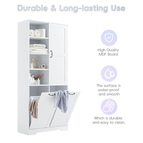 Merax Tall Storage Cabinet with Door and Open Shelf, Multi-Functional Laundry Hamper Basket for Home Bathroom, Laundry Room, White - color: White