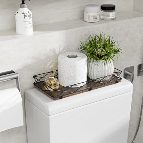 Lixple Toilet Paper Basket Holder, 13" Toilet Tank Tray, Wood and Metal Toilet Tray Vanity Organizer Bathroom Tray, Kitchen Sink Organizer for Soap Dispenser (Brown+Black) - color: Brown+black