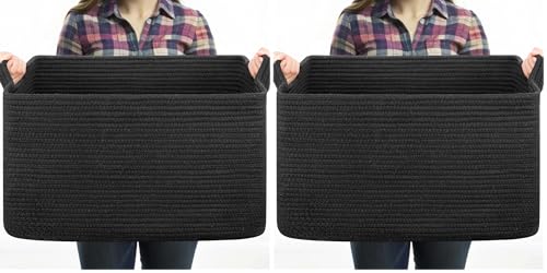 OIASKET Large Blanket Basket, Black Blanket Storage Living Room, Rectangle Woven Baskets for Storage Toys, Towels, Dirty Clothes Organizer Bins (Black) (Pack of 2) - color: Black, size: 19.7"x15.8"x11.8" (Pack of 2)