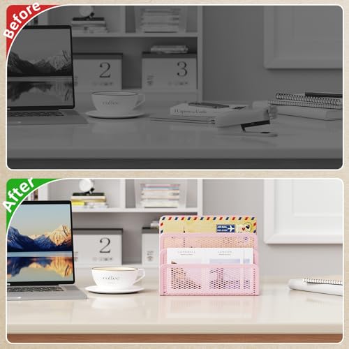 Marbrasse Mail Organizer for Desk, 3-Slot Mesh Metal Mail Holder countertop, Letter Holder, Office Desktop Envelope and Document Storage Rack (Pink) - color: Pink