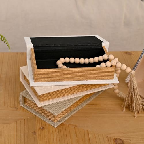 DECOR4SEASON Modern Linen and Wood Decorative Faux Book Boxes Set of 3, 8",Taupe,Beige,Off White - color: Taupe,Beige,Off-White, size: 8"