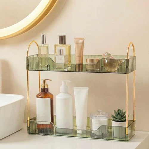 Bathroom Countertop Organizer, 2-Tier Slim Vanity Storage Rack for Bathroom Sink, Narrow Counter Organizer for Toiletries Skincare Perfume with Green Plastic Trays - color: Green