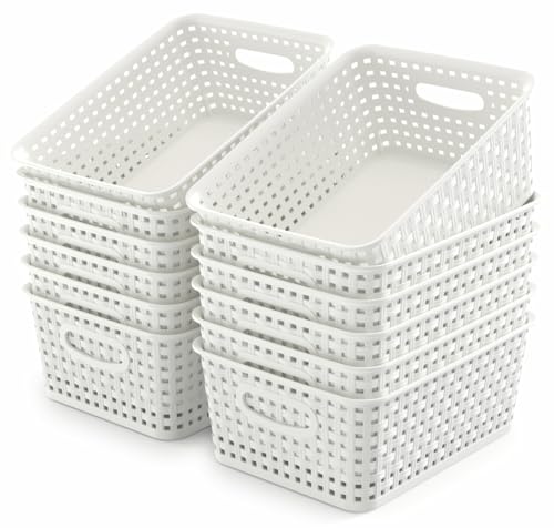 WYT 12-Pack Plastic Small Shelf Storage Weave Baskets for Organizing, White - color: White, size: 12-Pack