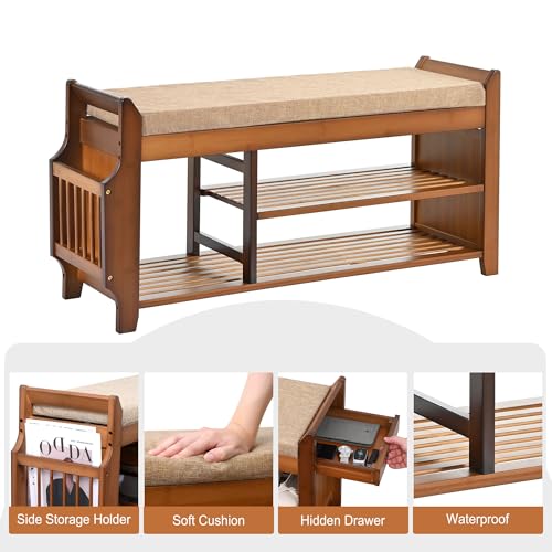 PETKABOO Shoe Bench with Hidden Drawer and Side Holder, 2 Tier Entryway Bench with Storage 39.4 in, Bamboo Shoe Rack with Cushion for Entryway Hallway Living Room Bedroom - size: 39.4 in