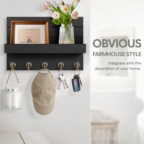 HONJIN Key Holder for Wall: Easy Installation Mail Organizer Wall Mount Hanging Key Rack for Kitchen and Entryway Decor with 5 Sturdy Key Hooks (Black) - color: Black