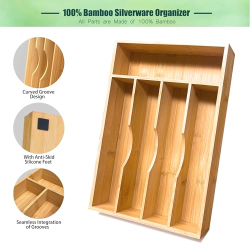 guiogc Bamboo Kitchen Drawer Silverware Organizer, 9 Inch Silverware Utensils Tray Holder for Small Drawer, Cutlery Tray, Wood Caddy for Flatware Cutlery Knives 5-Slots - size: 9" Wx13"d (5-slots)
