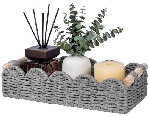 CubesLand Toilet Paper Storage Basket Organizer, Small Wicker Toilet Tank Top Decorative Baskets for Countertop, Handwoven Scalloped Basket w/handle for Home Decor, Living Room, Bedroom, Grey - color: Grey, size: S - 12.99"L x 6.3"W x 3.15"H