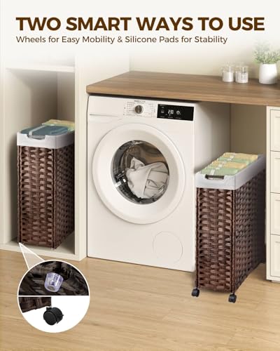 Greenstell Laundry Hamper with Wheels, 11.9 Gallon (45L) Small Clothes Hamper with 2 Removable Liner Bags & 2 Mesh Bags, Slim Rattan Laundry Basket for Bathroom, Bedroom, Brown - color: Brown, size: 45L (15.8 x 7.9 x 23.6 inches)