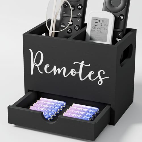 Remote Control Holder, TV Remote Holder with Drawer, Wood Remote Control Organizer for Table, Media Storage Box for Nightstand, Living Room (Black,2 Slots) - color: Black - 2 slot