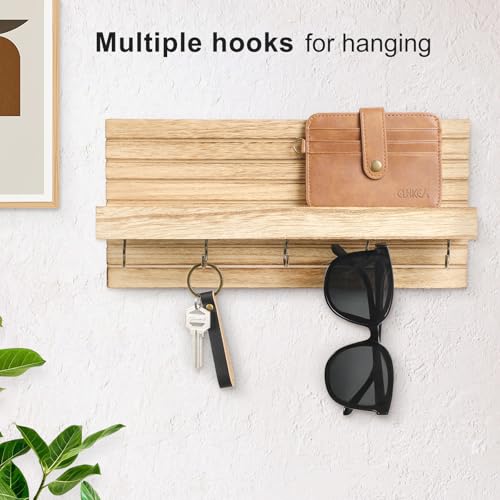 Lwenki Decorative Key Holder for Wall with Shelf, Entryway Shelf with Hooks Holds Leashes, Jackets and Glasses – Sturdy Wood Keyholder Entrance Hanger with Mounting Hardware (Wood, Medium) - color: Wood, size: Medium