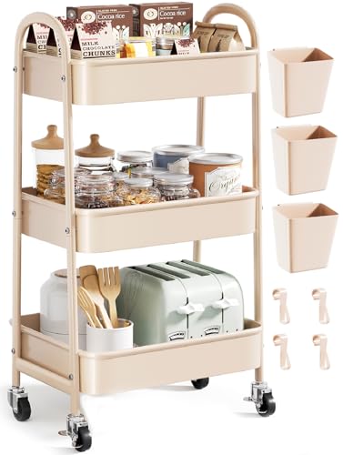 Beige 3 Tier Rolling Cart Metal on Wheels, Three Tiered Storage Organizer Utility Trolley with Wheels for Art, Craft, Baby Diaper Caddy, Snack, Book, Nail, Lash, Cleaning Supplies, Kitchen, Bathroom - color: Light Beige, size: 3 Tier+Cups+Hooks
