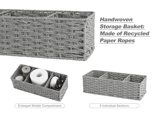 StorageWorks 3-Section Wicker Baskets for Shelves, Hand-Woven Round Paper Rope Storage Baskets, Gray, 2-Pack - color: Gray, size: 14¼"L x 6"W x 4¼"H