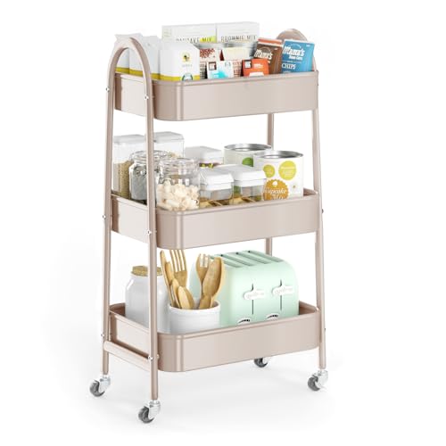 EAGMAK 3 Tier Utility Rolling Cart, Metal Storage Cart with Handle and Lockable Wheels, Multifunctional Storage Organizer Trolley with Mesh Baskets for Kitchen, Living Room, Office, Garage (Beige) - color: Beige, size: Normal
