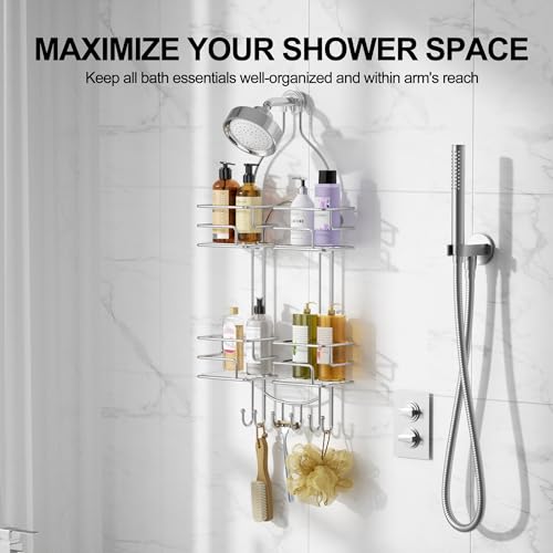 SRIWATANA Shower Caddy Organizer Hanging Over Head, Bathroom Shower Rack Hanger with Hooks for Razors - Chrome - color: Chrome