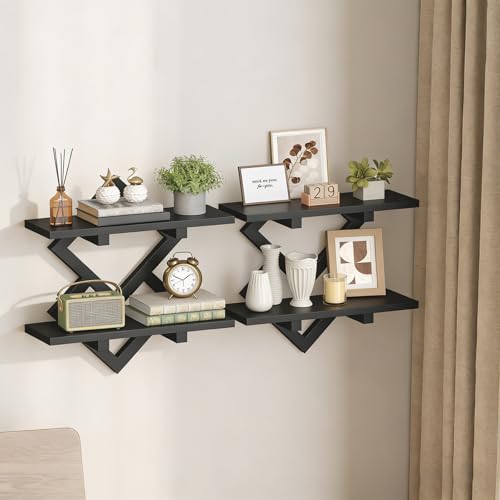HOOBRO 15" Floating Shelves for Wall, Set of 2 Wall Shelf, 2-Tier Hanging Shelves, Wall Mounted Storage Shelf, Display Rack, for Living Room Bedroom Kitchen Bathroom, Black BB14BJP201 - color: Black