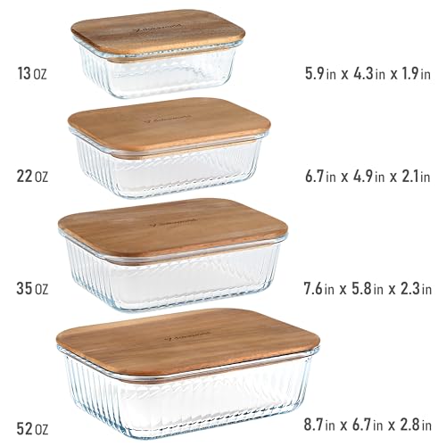 Set of 4 Stackable Space-Saving Nesting Glass Bowls with Airtight Acacia Lids for Lunch, Meal & Food Prep - Microwave & Oven-ready BPA Free Durable Heat Resistant Inert Borosilicate Glass - color: 4 Containers with Acacia Lids (Ribbed)