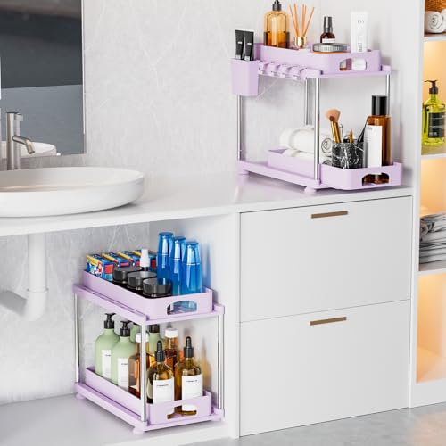 VERIFOST Under Sink Organizer - 2 Pack Adjustable Height, 2 Tier Organizers for Bathroom & Kitchen Sink, Purple - color: Purple