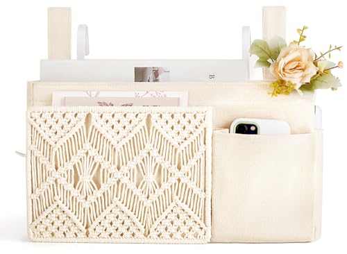 Mkono Bedside Caddy Hanging Organizer, Boho Macrame Storage with Fixed Straps and Hooks, 4 Pockets Holder Remote Magazine Accessories for Home Loft Bunk Bed, Dorm, Hospital Beds