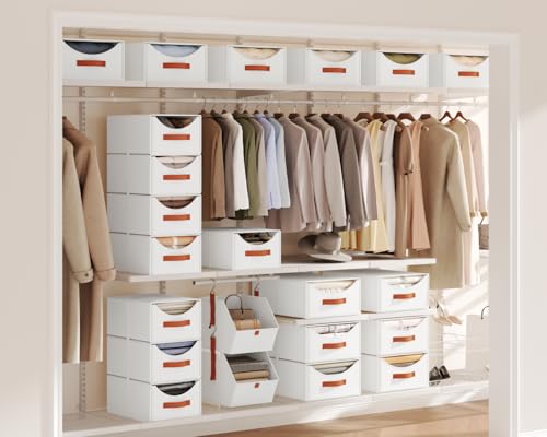 Homsorout Stackable Storage Drawers - Collapsible Storage Bins with Drawers, 4 Pack Closet Shelf Organizer Basket, Fabric Pull Out Organizer for Bedroom, Living Room, Dorm, White - color: White, size: 13.7 Inch. - 4 Pack