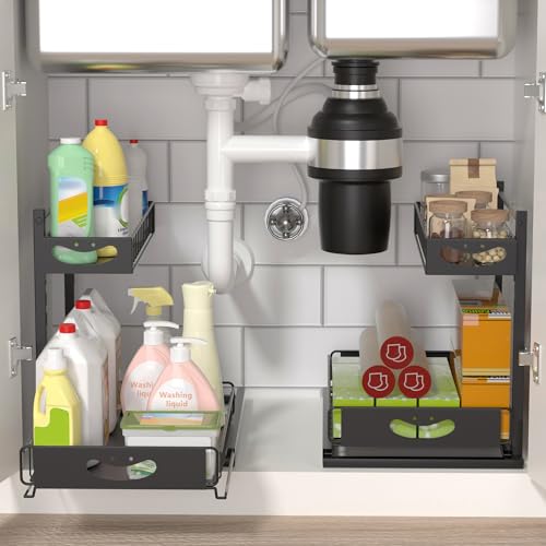 Under Sink Organizer with Pull-Out Drawers,Kitchen Sink Organizer,2 Tier Bathroom Organizers And Storage,Bathroom Accessories Set,Black 2 Pack - color: Black, size: A 2 Pack