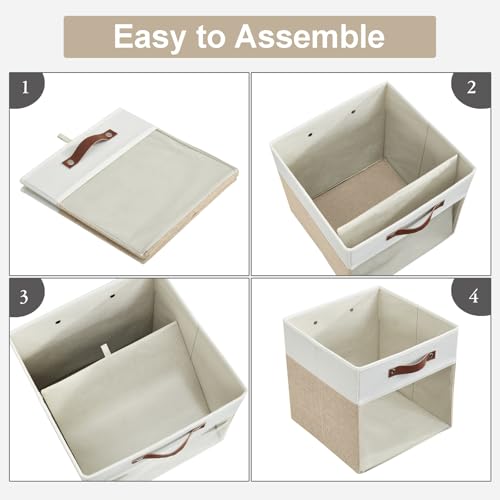 Bagnizer Storage Cubes, 4 Pack Linen Foldable Storage Bins (13 x 13 inch) with Clear Window and Handles, Fabric Organizer for Shelf Closet, Clothes, Books - (Beige and White) - color: Beige / Off-White, size: 13 x 13 x 13