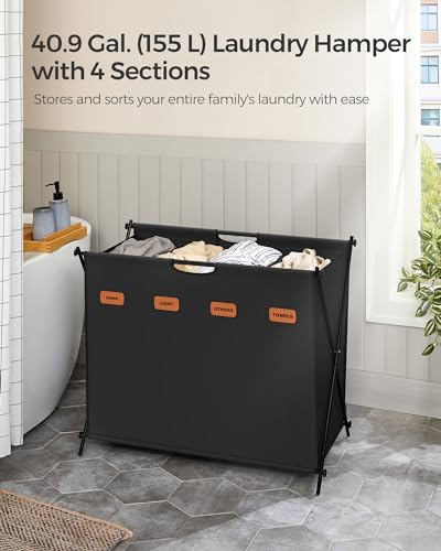 SONGMICS Laundry Hamper, Laundry Basket, 40.9 Gal. Laundry Sorter 4 Sections, Collapsible X-Frame, Clothes Organizer with Customizable Labels, Laundry Room, Bedroom, Bathroom, Ink Black ULCB140B01 - color: Ink Black, size: 155 L