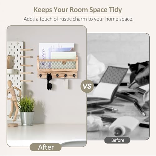 Nekon Mail and Key Holder for Wall Decorative, 11 Inch Wooden Wall Key Organizer with 5 Key Hooks, Wall Mount Storage Shelf for Entryway Hallway (Wood) - color: Wood