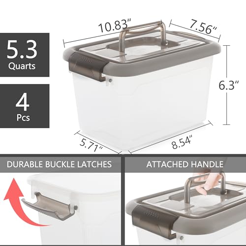 Citylife 4 Packs 6 QT Plastic Storage Bins with Latching Lids Stackable Storage Containers for Organizing Clear Storage Box for Garage, Closet, Kitchen - size: 6.0QT, style: 4 PACK GREY
