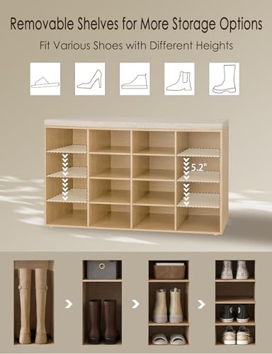 DINZI LVJ Shoe Storage Bench with Cushion, 16-Cubby Shoe Rack, Adjustable Shelves, 40.9" Long Shoe Organizer Bench for Entryway, Mudroom, Hallway, Garage, Natural and Cappuccino Beige - color: Natural, size: 16 Cubby