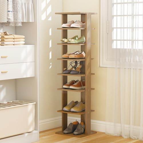 Tangkula 8-Tier Vertical Shoe Rack, Space-Saving Corner Shoe Organizer for 7 Pairs, Narrow Shoe Storage for Entryway, Front Door, or Closet - color: Natural Oak, size: 10" x 11" x 43.5"