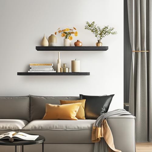 BAYKA Floating Shelves for Wall, 36 inches Long Wall Mounted Rustic Wood Shelves for Bathroom, Bedroom, Living Room, Kitchen, Office, Hanging Shelf for Books/Storage/Decor(Black,Set of 2) - color: A. Black - Universal Classic Style, size: 36inches